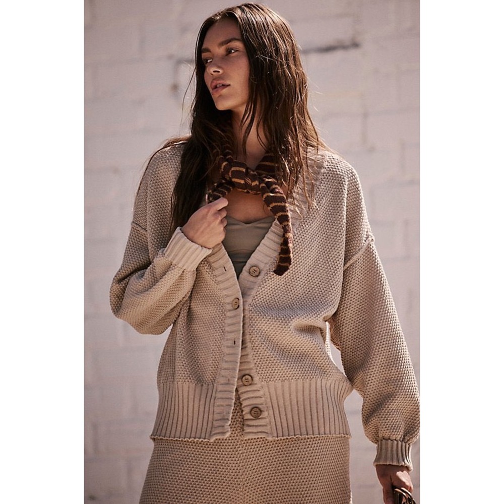 Free People Haile FP Beach Beige Cotton Textured Knit Button Front Cardigan